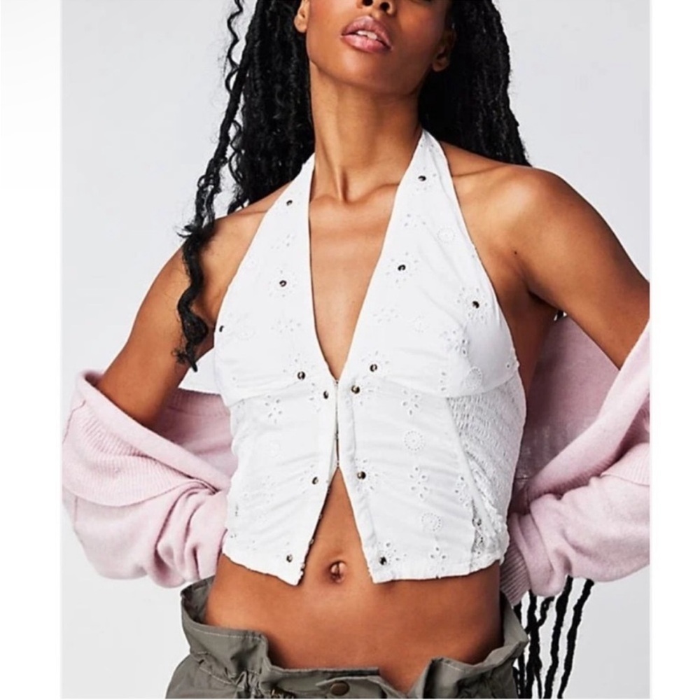 NWOT Free People Sunsetter Corset Halter Tank White Eyelet Lace Boned Smocked XL
